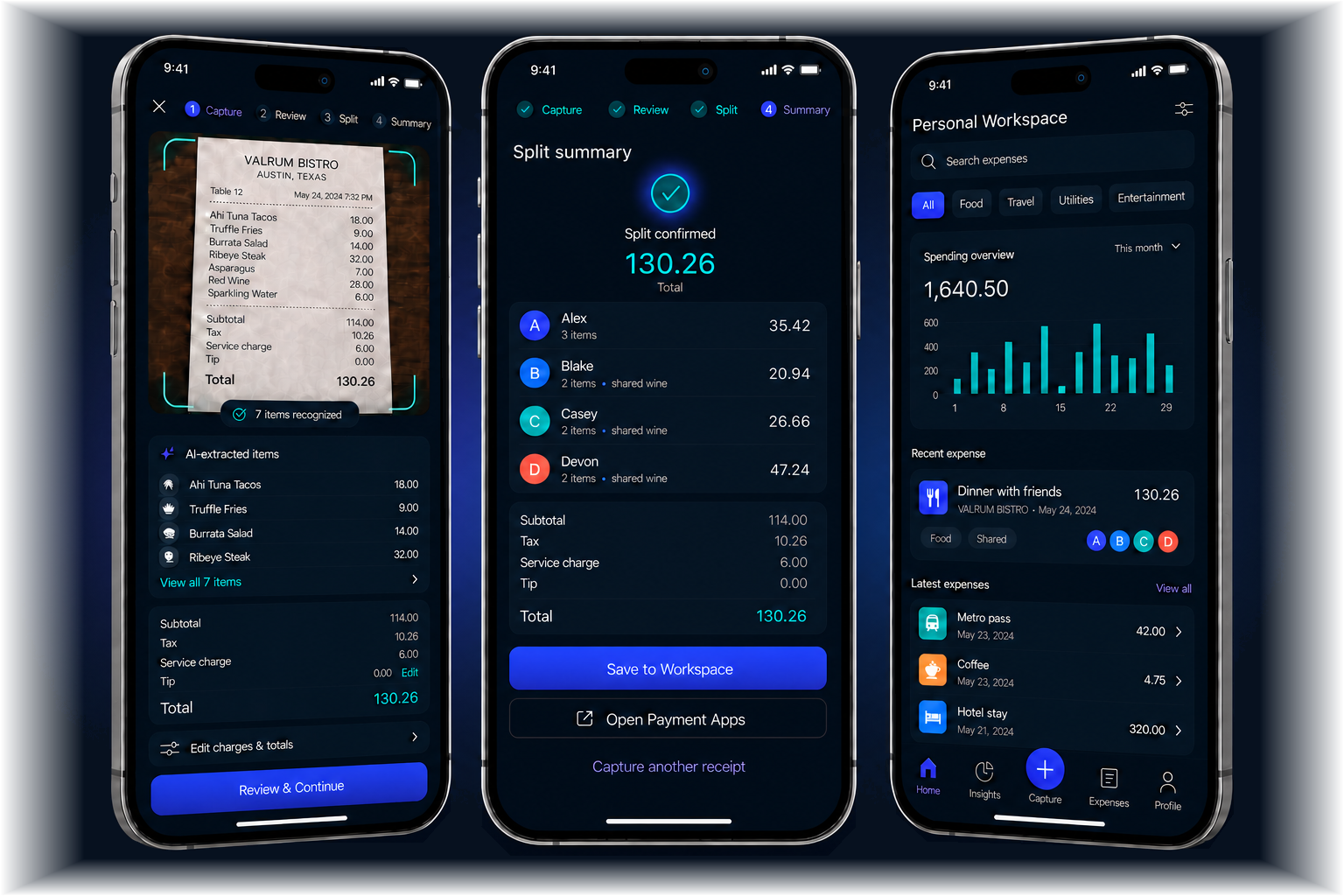 Three Valrum concept screens showing AI receipt capture, a confirmed collaborative split, and the Personal Workspace