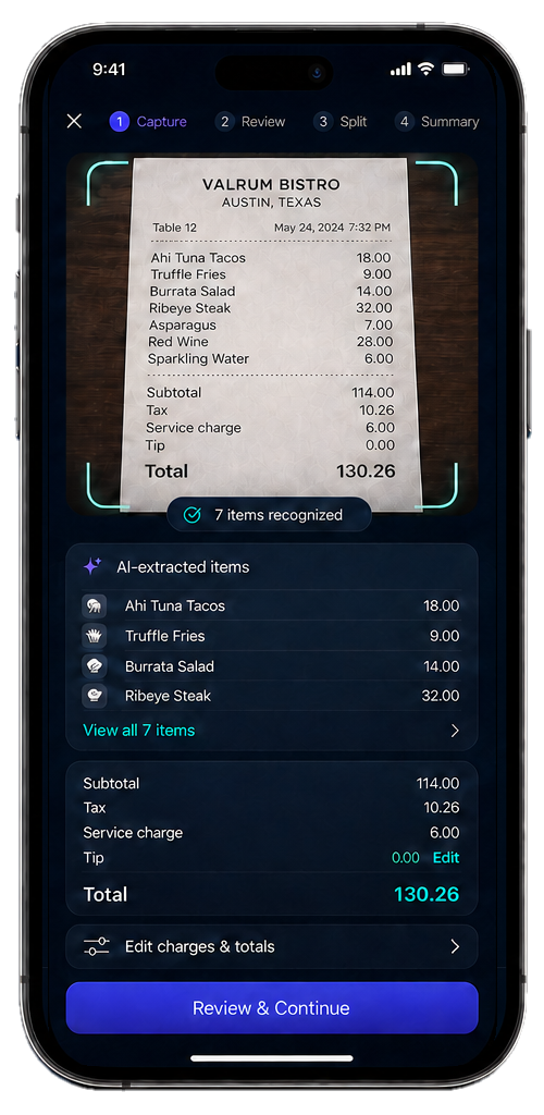 Valrum AI Financial Capture concept showing extracted receipt items and confirmed totals
