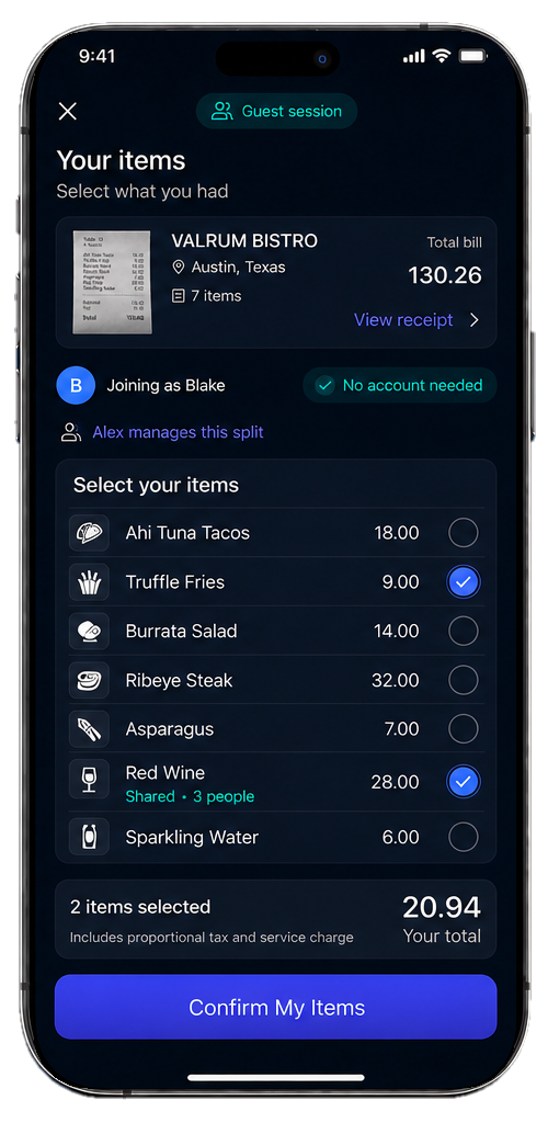 Valrum guest screen for selecting personal and shared receipt items without an account