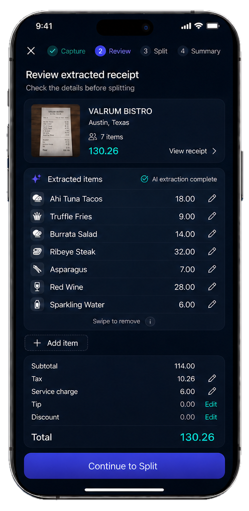 Valrum organizer review screen with editable extracted receipt items and totals