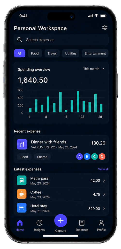 Valrum Personal Workspace concept showing a spending overview and recent structured expenses